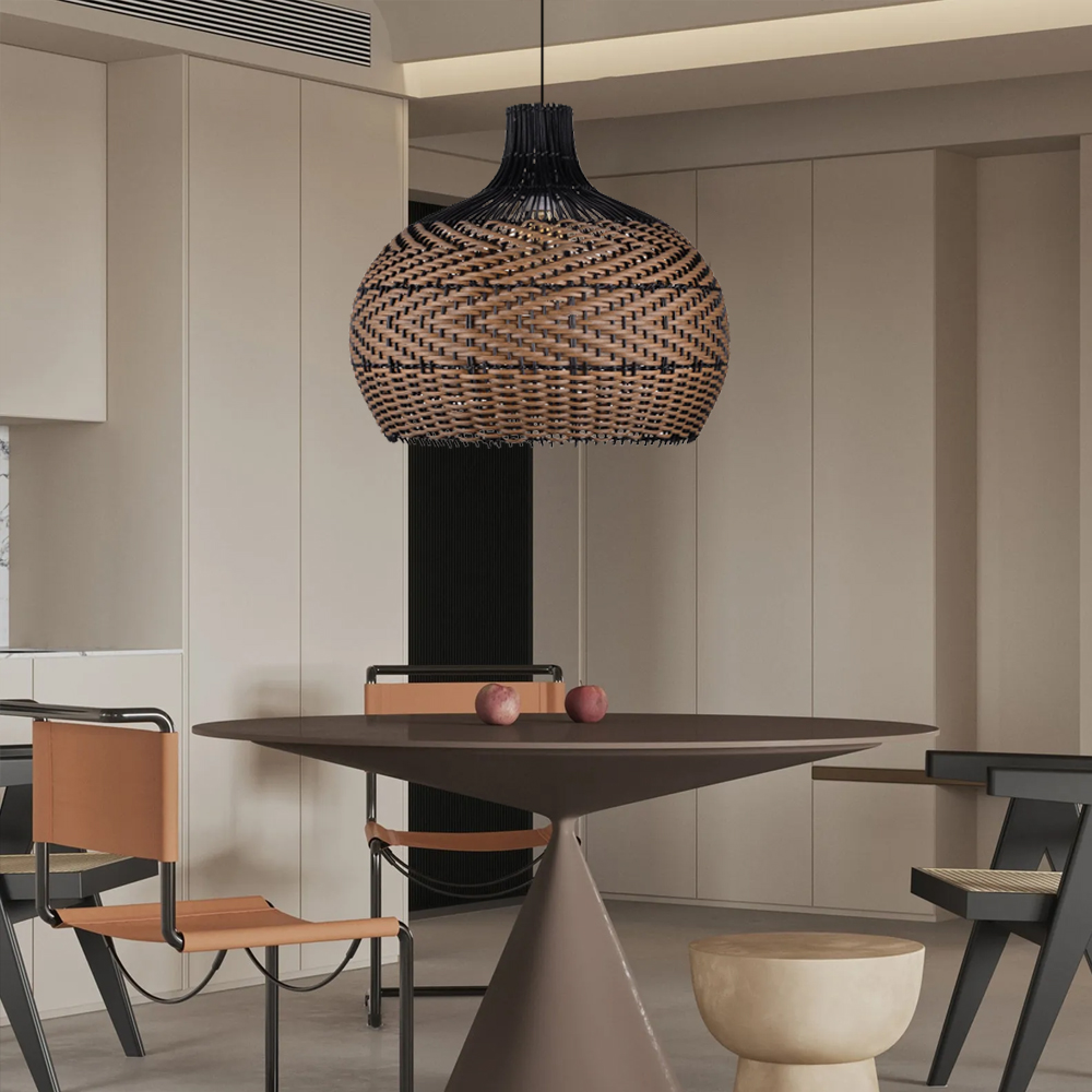 Wabi-sabi Black Rattan Ceiling Light Beautiful Herringbone Weave Pattern Pendants