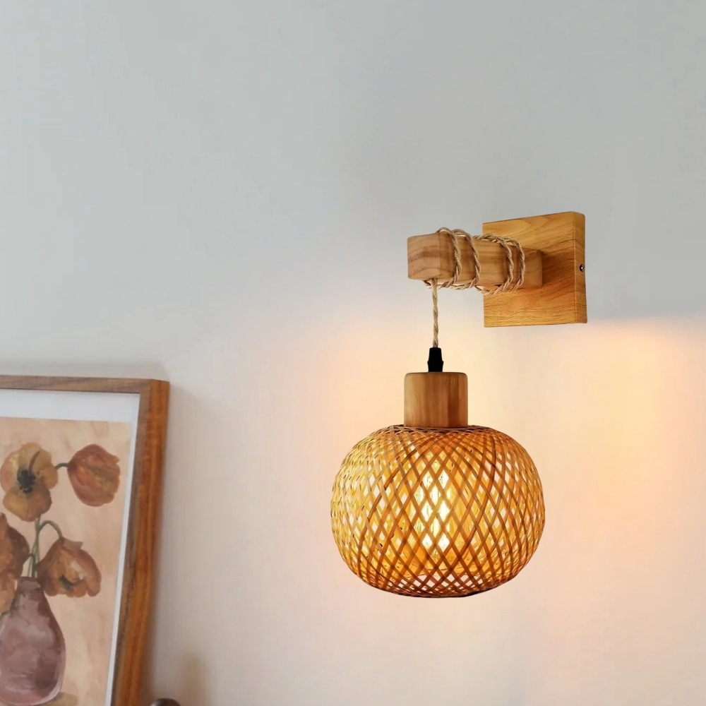 Japanese Retro Rattan Woven Wall Lamp With Hemp Rope