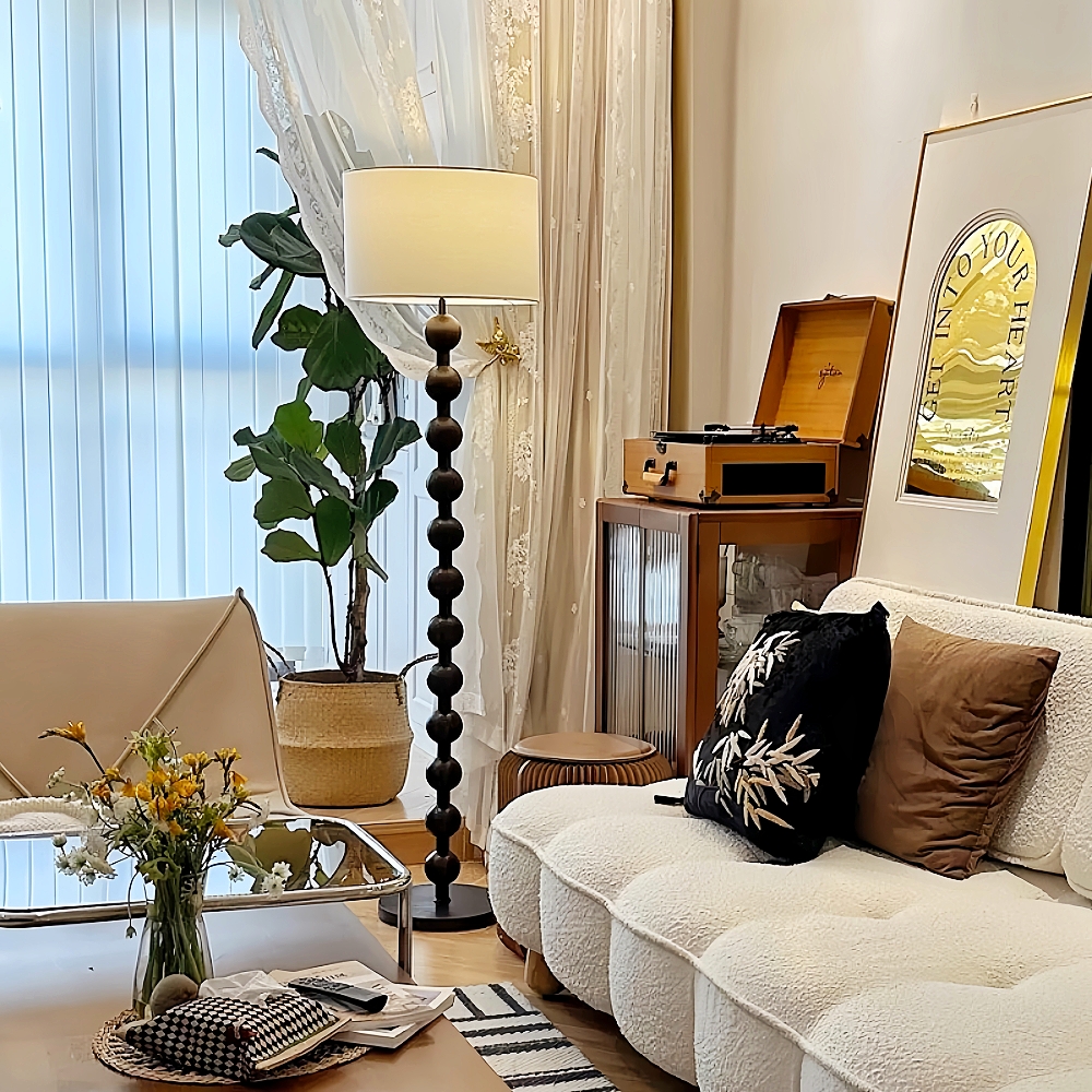 Retro White Wax Wood Fabric Lampshade Bedroom Floor Lamp