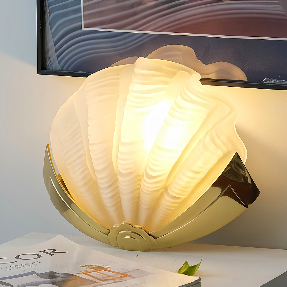 Brass Shell Glass Decorative Wall Lamp French Modern Living Room Bedroom Aisle Lighting Fixture