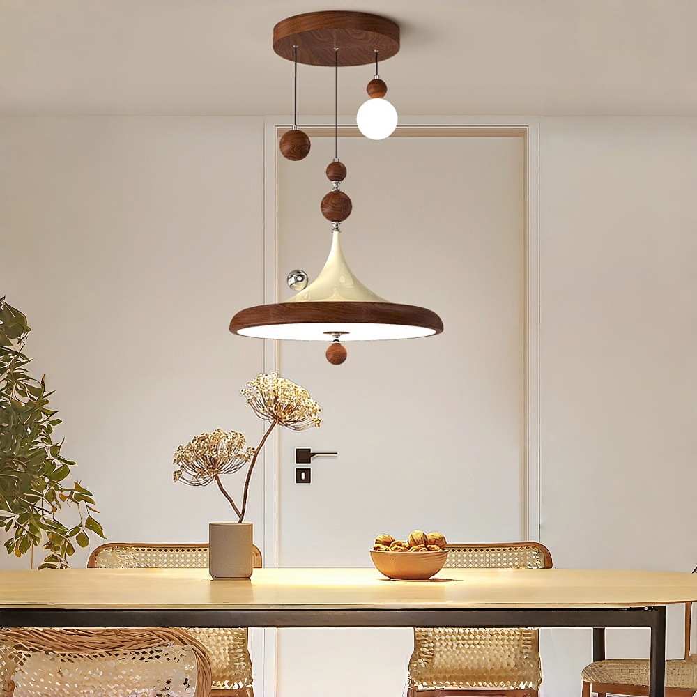 Retro Walnut Finish Creative Round LED Pendant Light 
