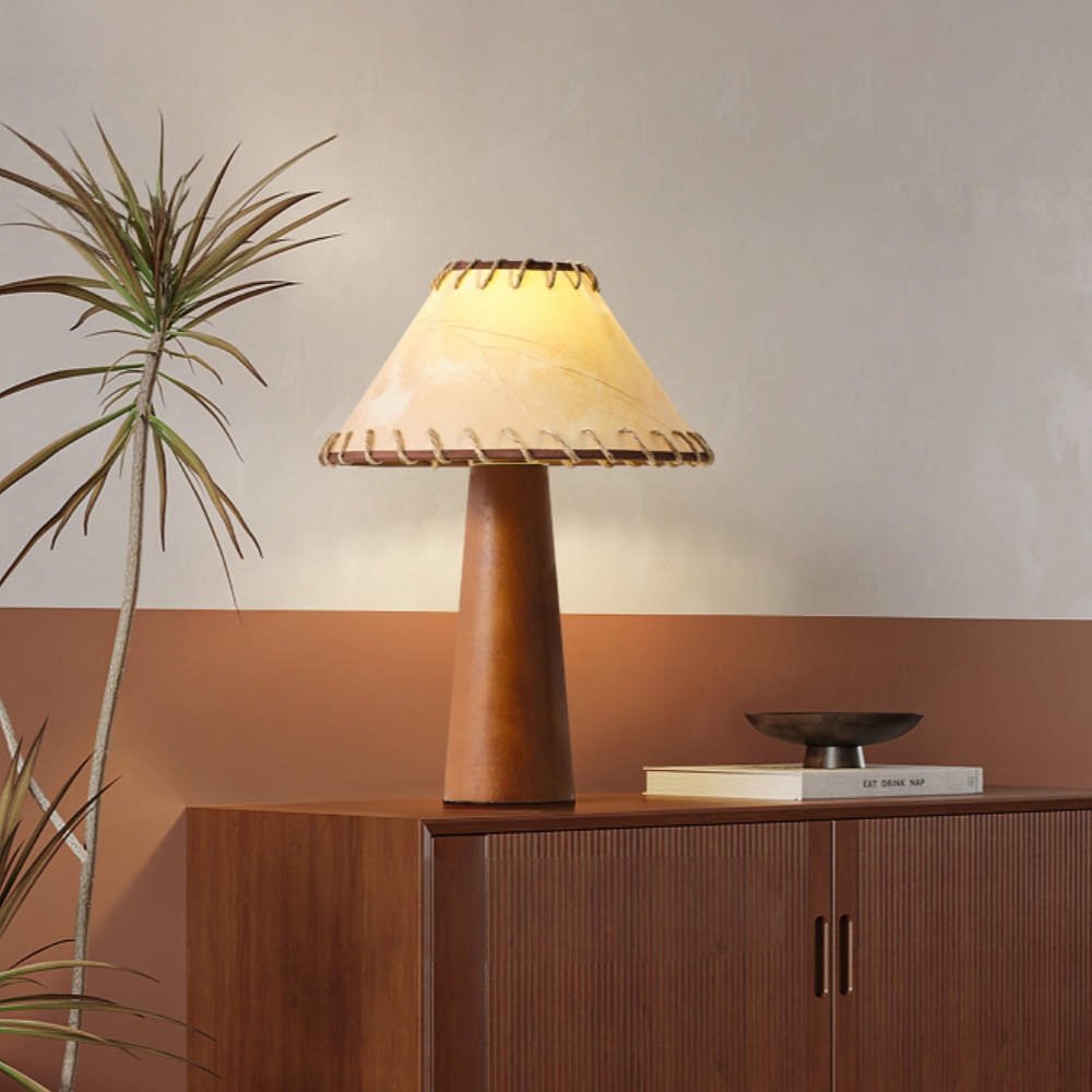 Mid-Century Vintage Dark Solid Wood Parchment Table Lamp