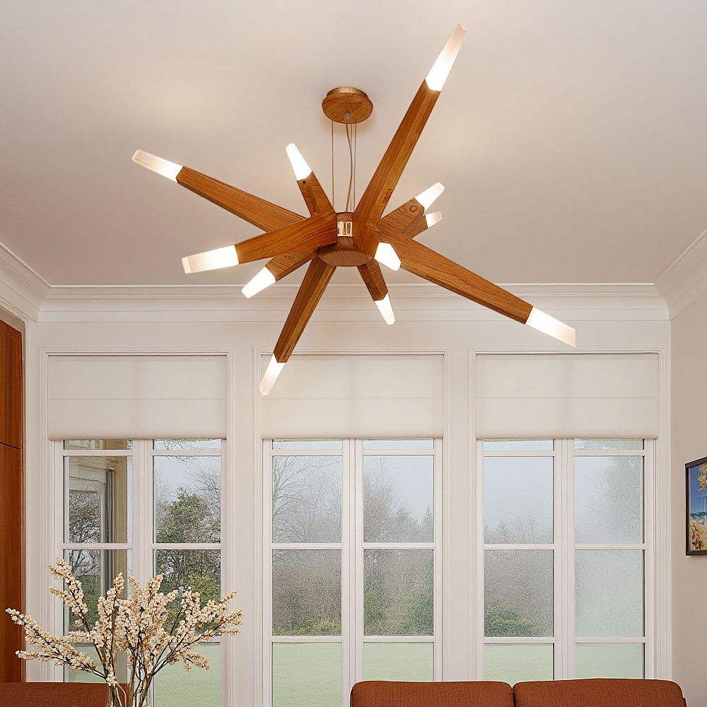 Nordic Geometric Wood Angular Star Chandelier with Frosted Light Ends