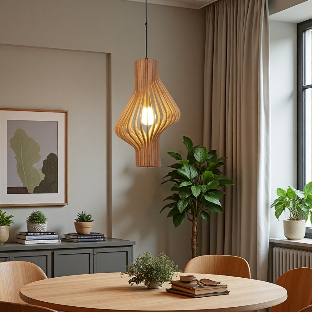 Mid-Century Curved Wood Slat Pendant Lamp
