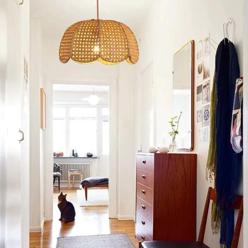 Rattan Scalloped Dome Pendant Lampshade Simplicity Rattan Hanging Chandelier