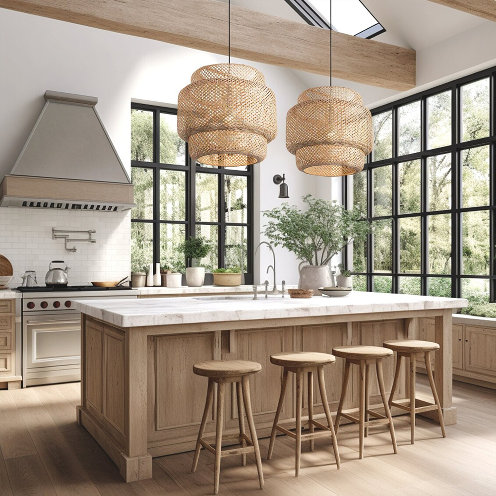 Natural wicker bamboo pendant light fixture restaurant dining room decor lamp shade