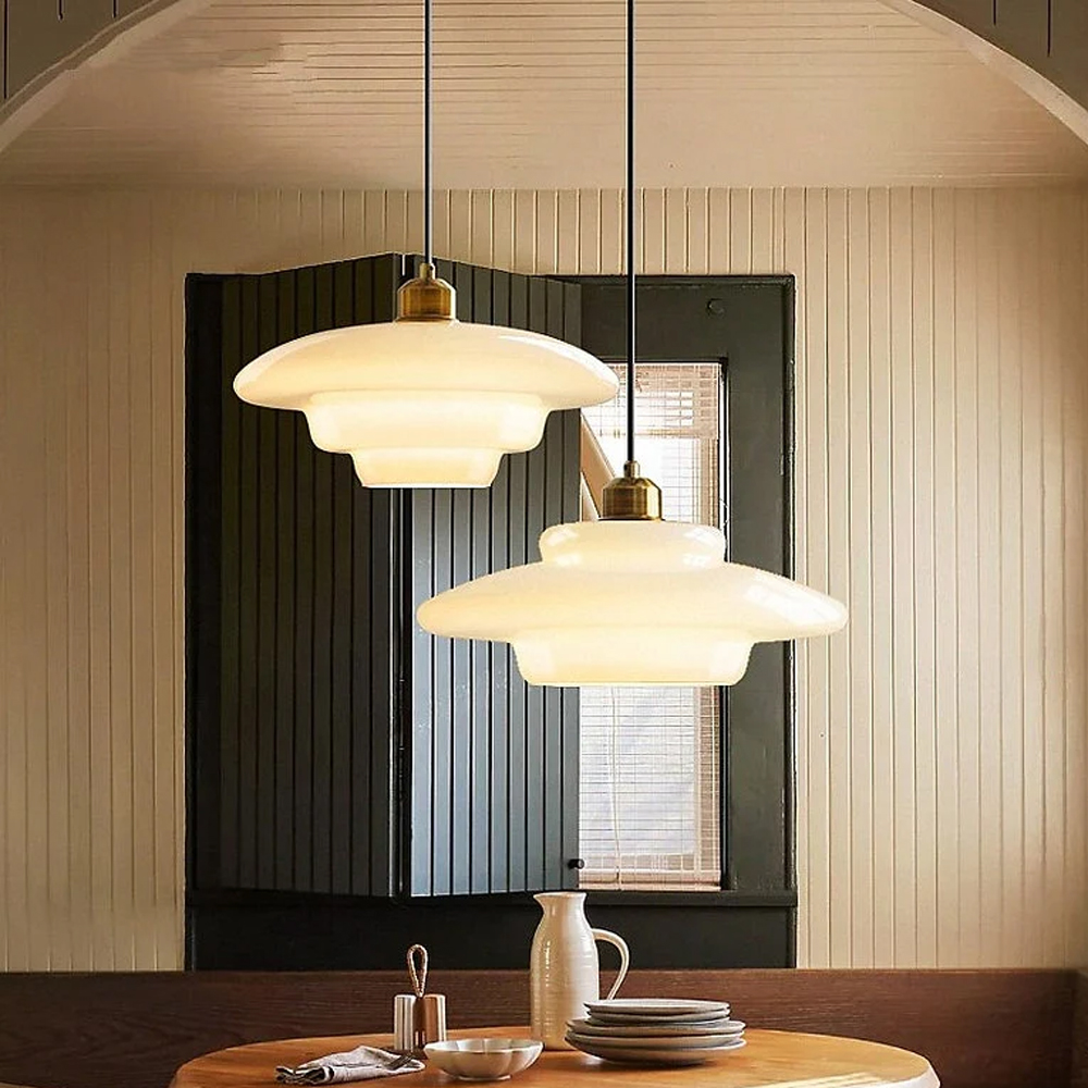Mid-century Modern Glass Chandelier Multi-Layered Milk White Pendant Light
