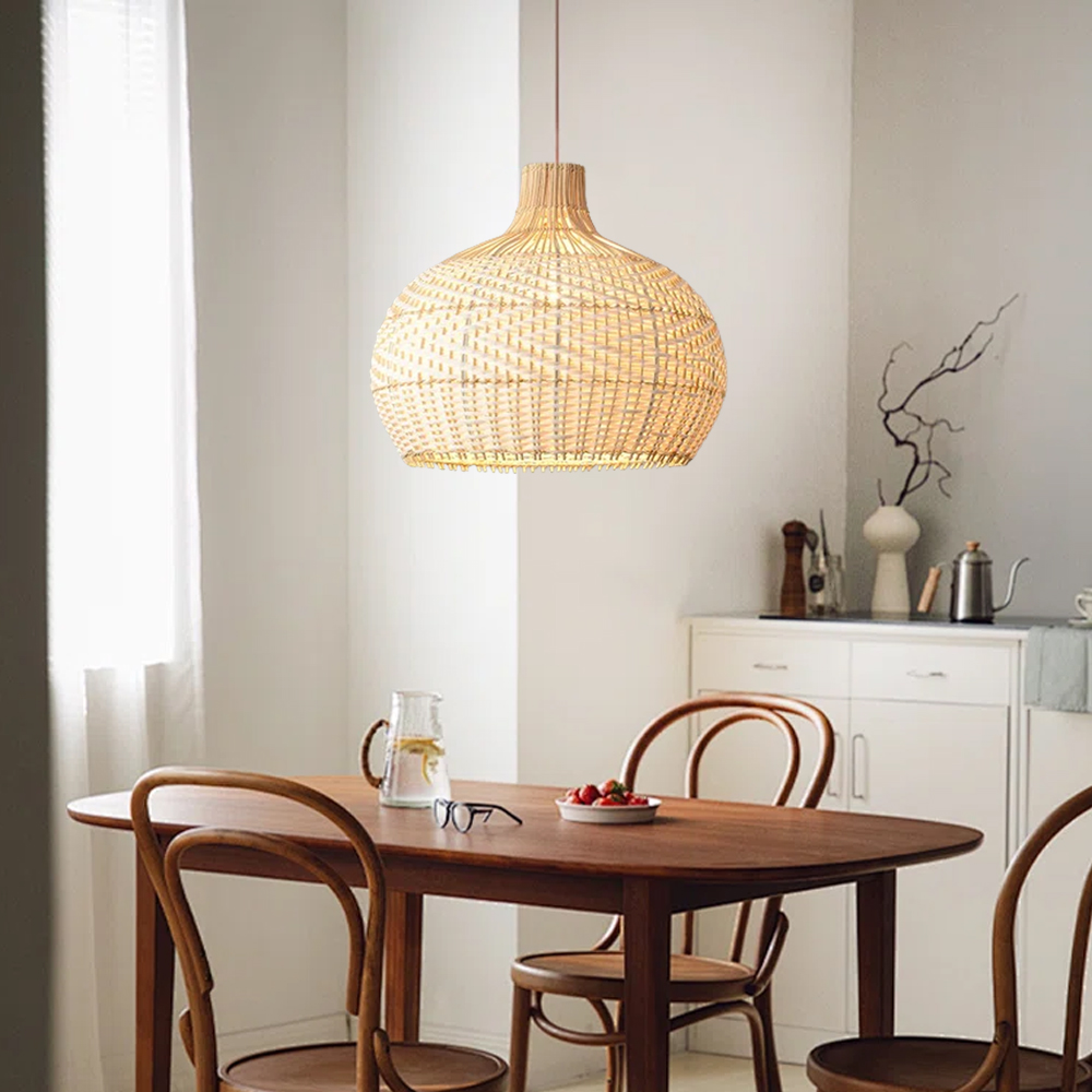 Natural Rustic Rattan Pendant Lampshade White Plastic Strip Hand Weaving Hanging Chandelier