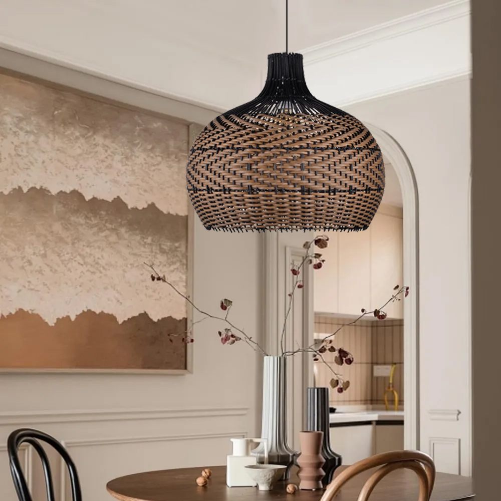 Wabi-sabi Black Rattan Ceiling Light Beautiful Herringbone Weave Pattern Pendants