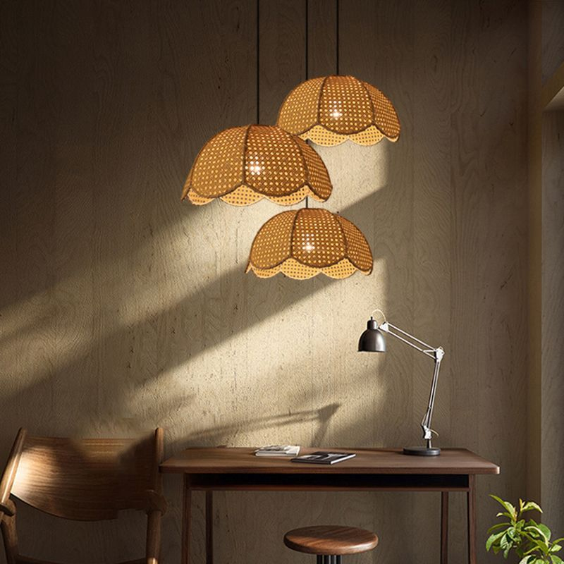 Rattan Scalloped Dome Pendant Lampshade Simplicity Rattan Hanging Chandelier