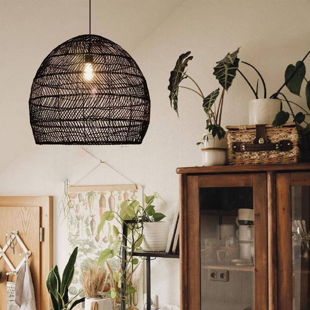 Bohemia Natural Rattan Woven Pendant Light Tatami Black Hanging Lamp Coastal Design