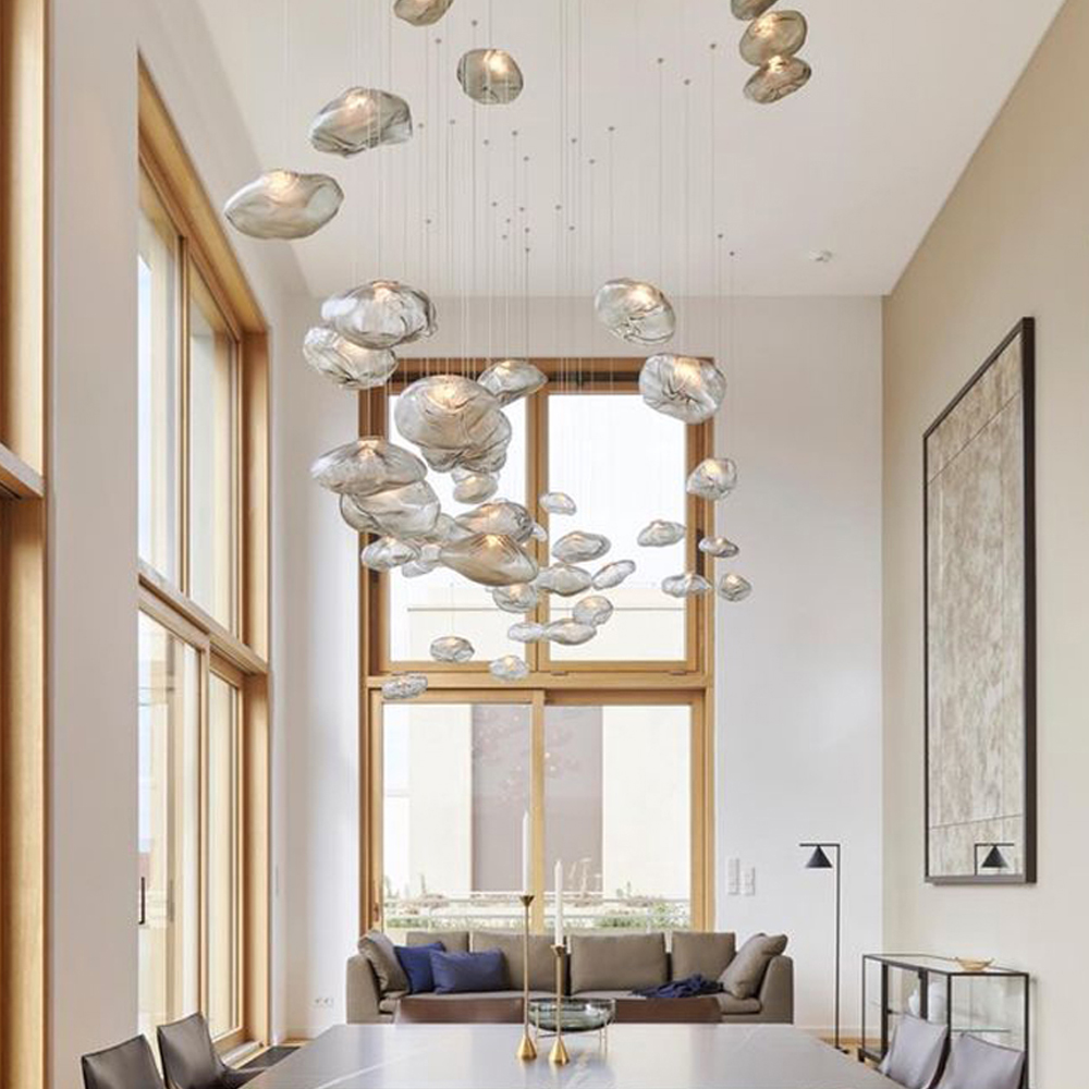Large space loft staircase chandelier hotel lobby cloud glass long hanging chandelier duplex apartment pendant light