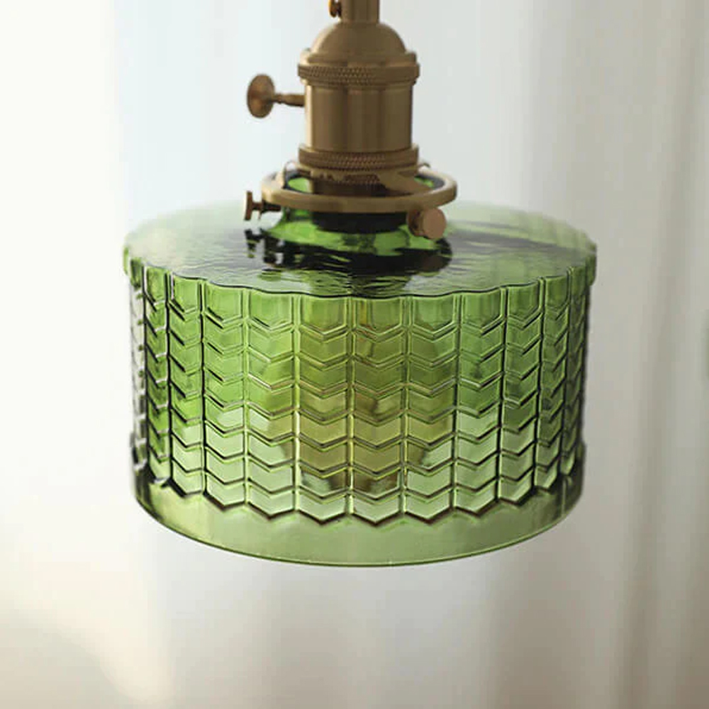 Classic Vintage Green Glass Pendant Light Cylinder Wavy Small Light Fixture