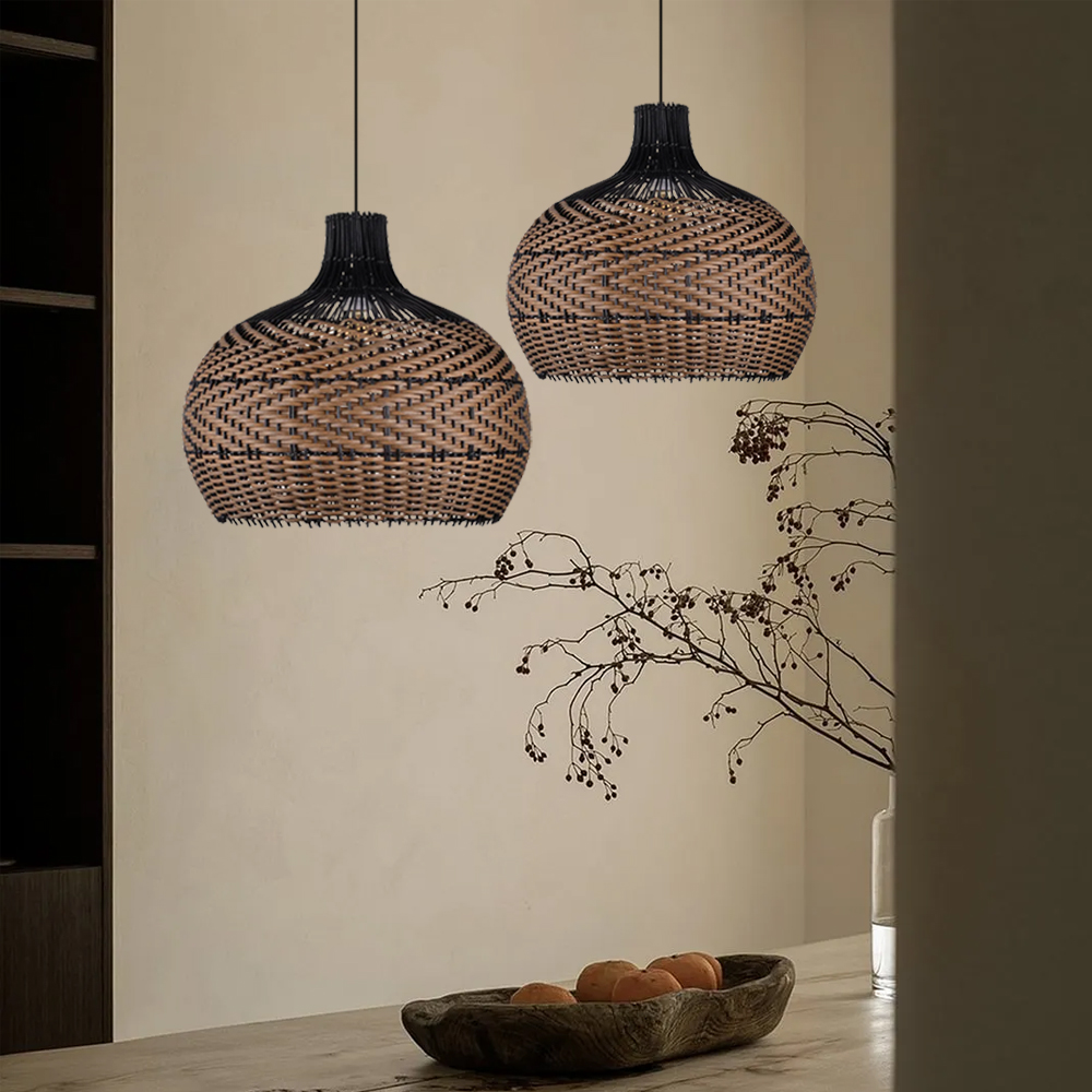 Wabi-sabi Black Rattan Ceiling Light Beautiful Herringbone Weave Pattern Pendants
