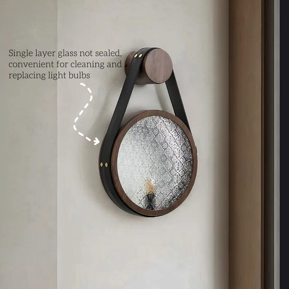 Wabi Sabi Style Retro Walnut Wood Grain Glass Hanging With Wall Lamp