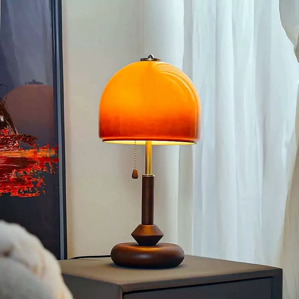 Vintage Glass-Decorated Solid Wood Sunset Table Lamp