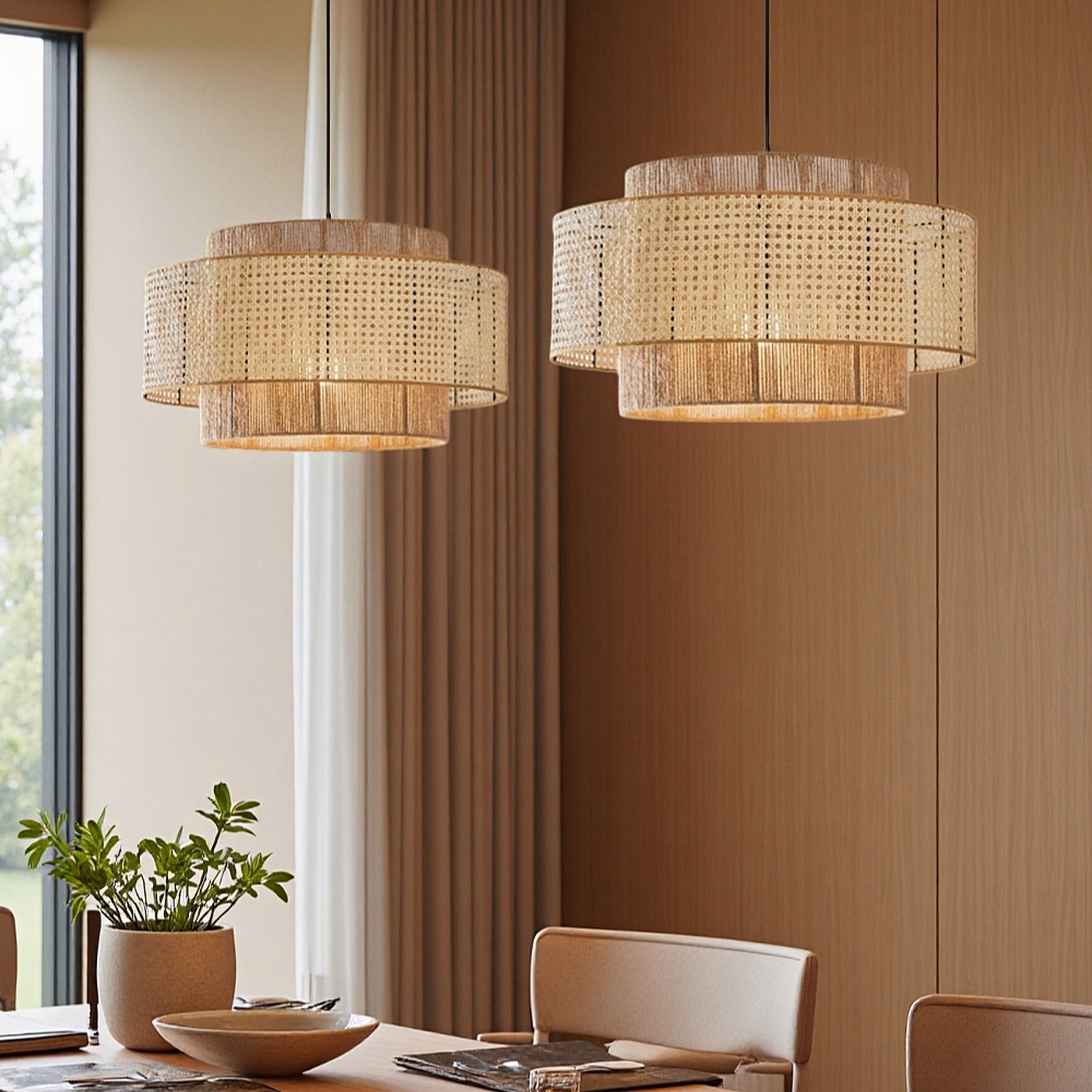 Commercial Restaurant Rattan Pendant Light Fixture Wabi-sabi Rope Woven Lantern Chandelier