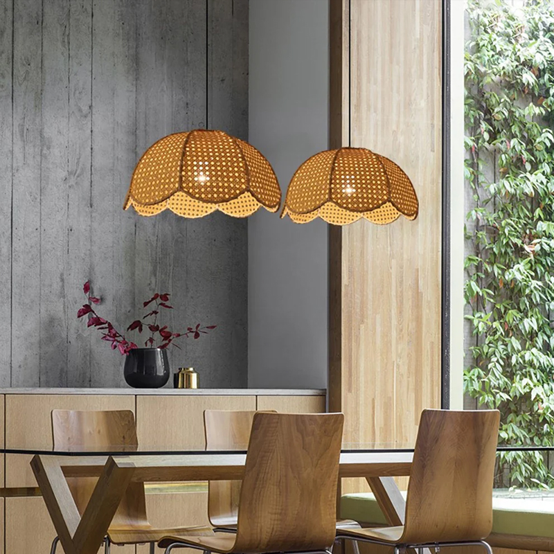 Rattan Scalloped Dome Pendant Lampshade Simplicity Rattan Hanging Chandelier
