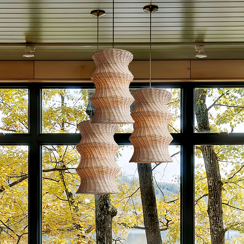 Artisanal Wabi-Sabi Rattan Wavy Column Pendant Light