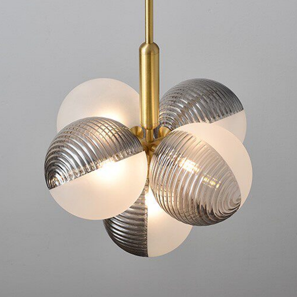 Contemporary Sculptural Ribbed Glass Globe Chandelier Brass Finish