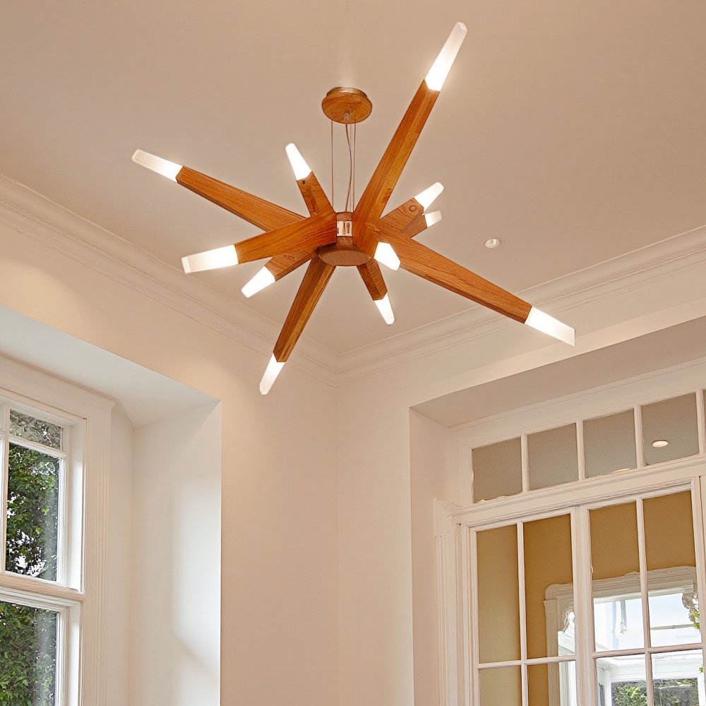 Nordic Geometric Wood Angular Star Chandelier with Frosted Light Ends