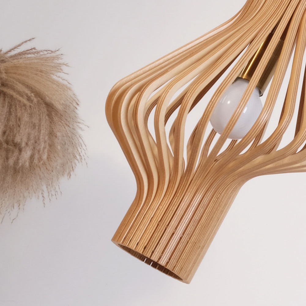 Mid-Century Curved Wood Slat Pendant Lamp