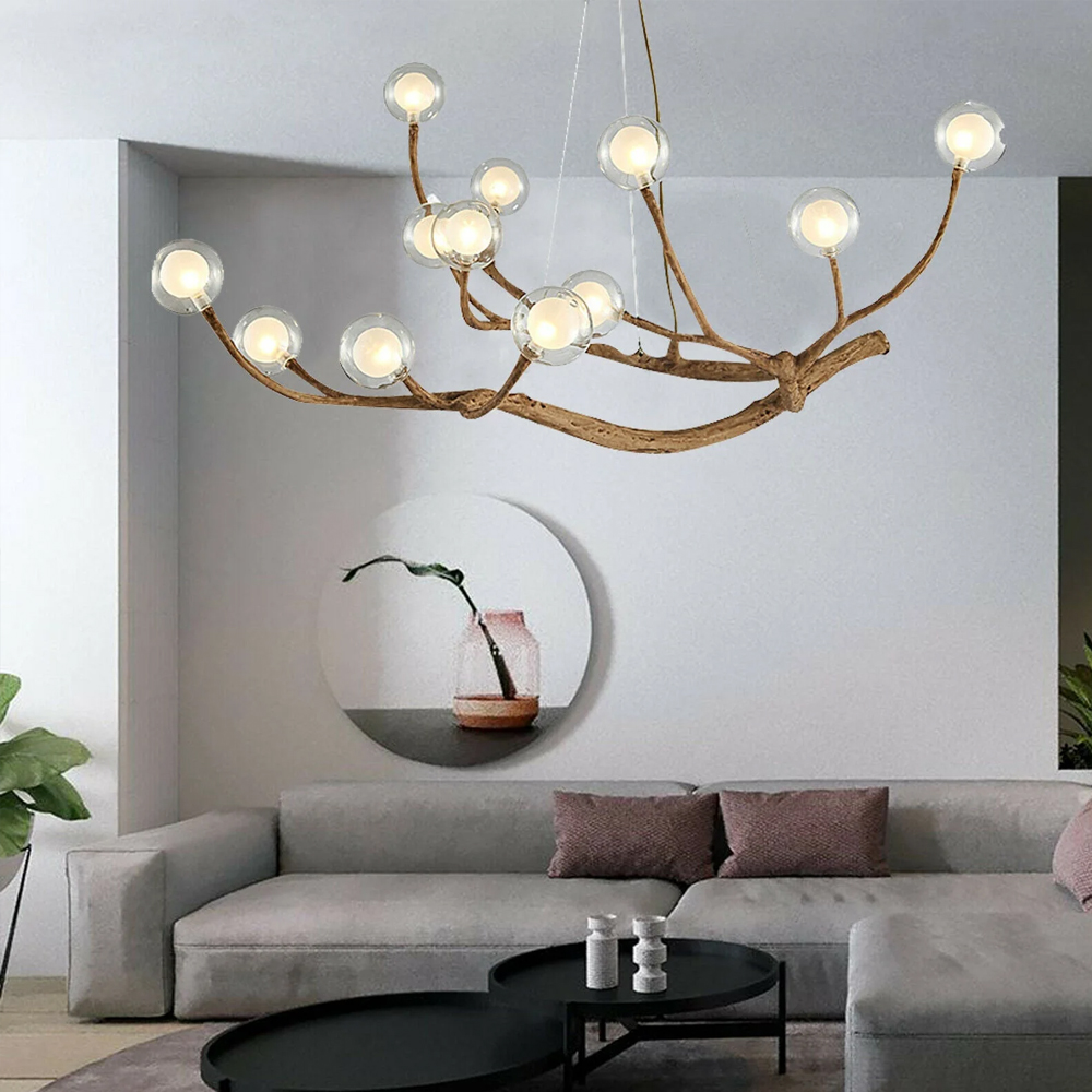 Nordic Rustic Tree Branch Hanging Chandelier with Bubble Glass lighting