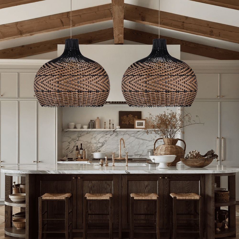 Wabi-sabi Black Rattan Ceiling Light Beautiful Herringbone Weave Pattern Pendants