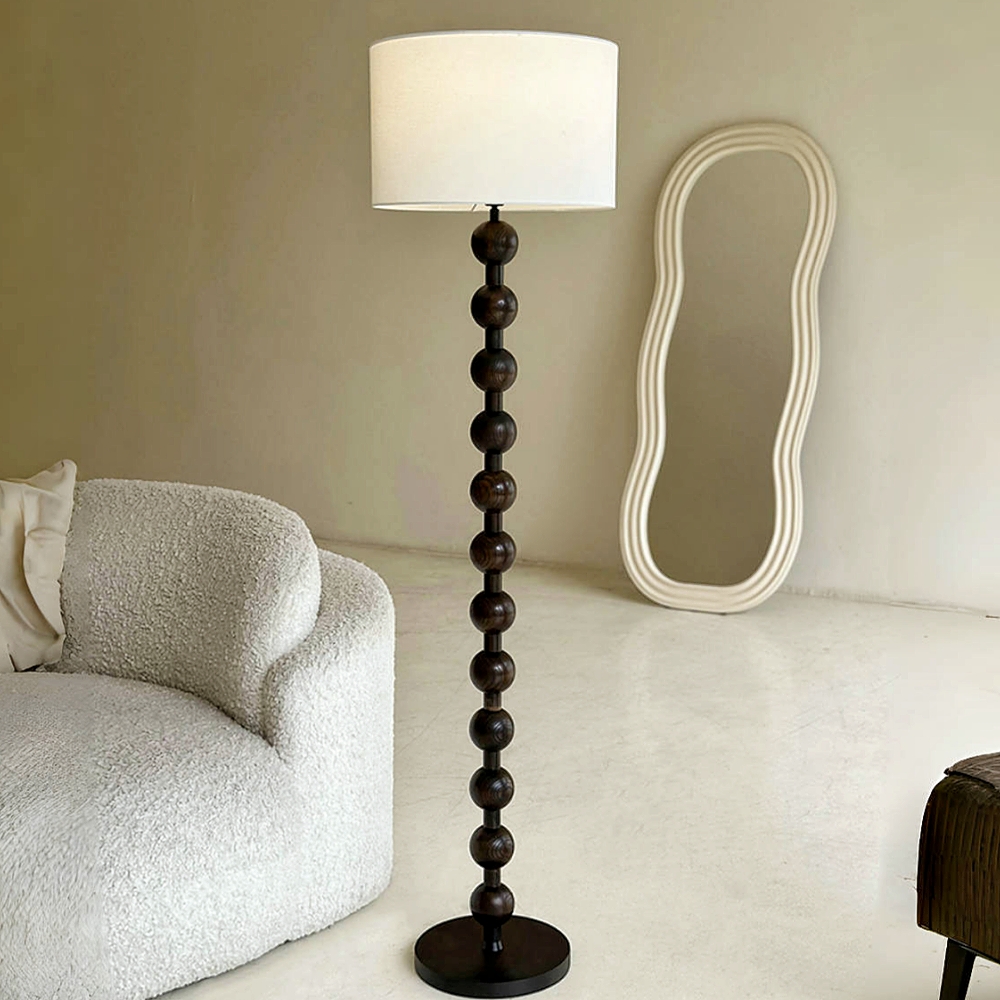 Retro White Wax Wood Fabric Lampshade Bedroom Floor Lamp