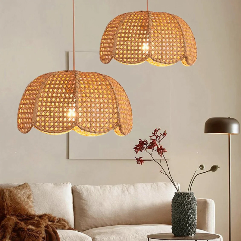 Rattan Scalloped Dome Pendant Lampshade Simplicity Rattan Hanging Chandelier