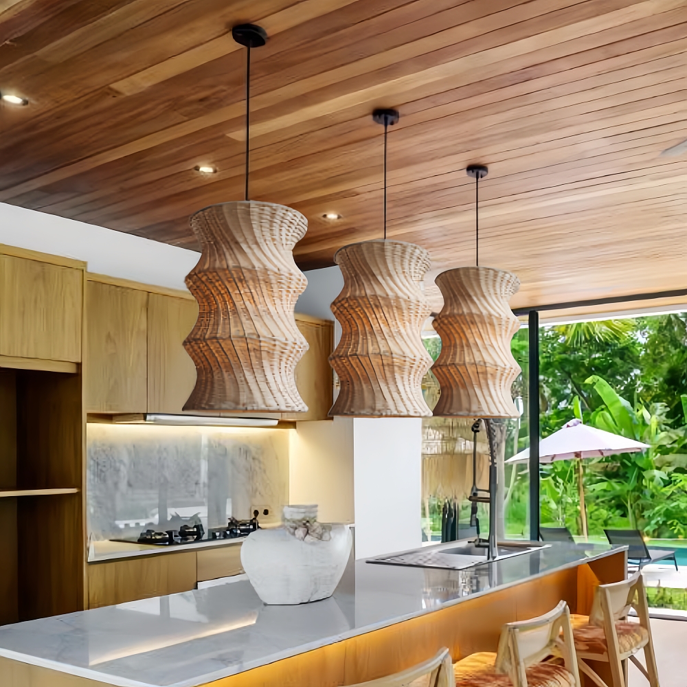 Artisanal Wabi-Sabi Rattan Wavy Column Pendant Light