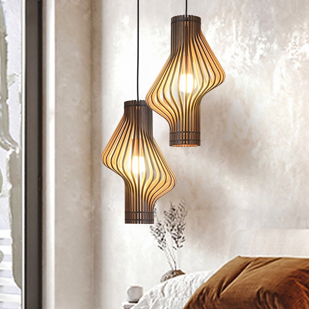 Mid-Century Curved Wood Slat Pendant Lamp