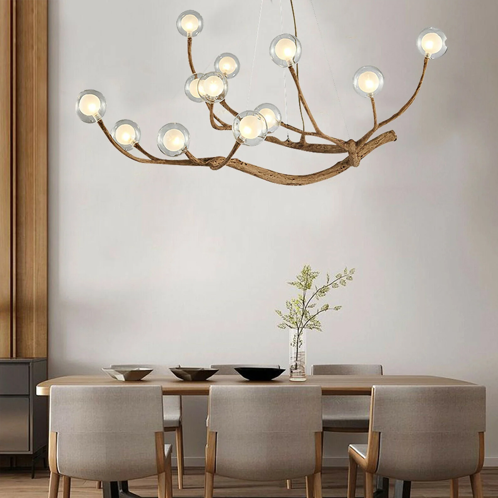 Nordic Rustic Tree Branch Hanging Chandelier with Bubble Glass lighting