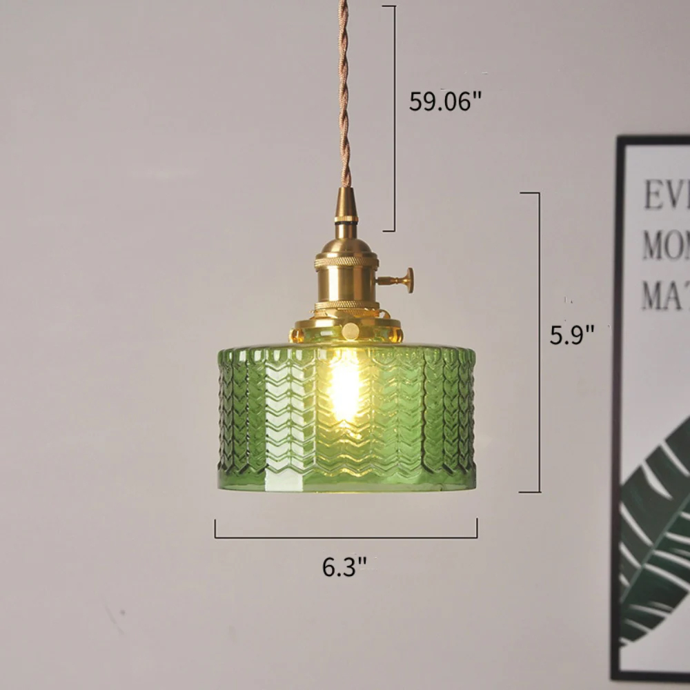 Classic Vintage Green Glass Pendant Light Cylinder Wavy Small Light Fixture
