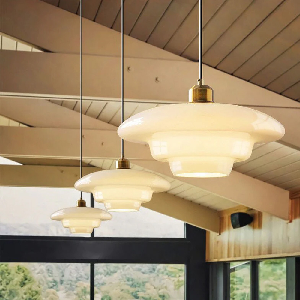 Mid-century Modern Glass Chandelier Multi-Layered Milk White Pendant Light