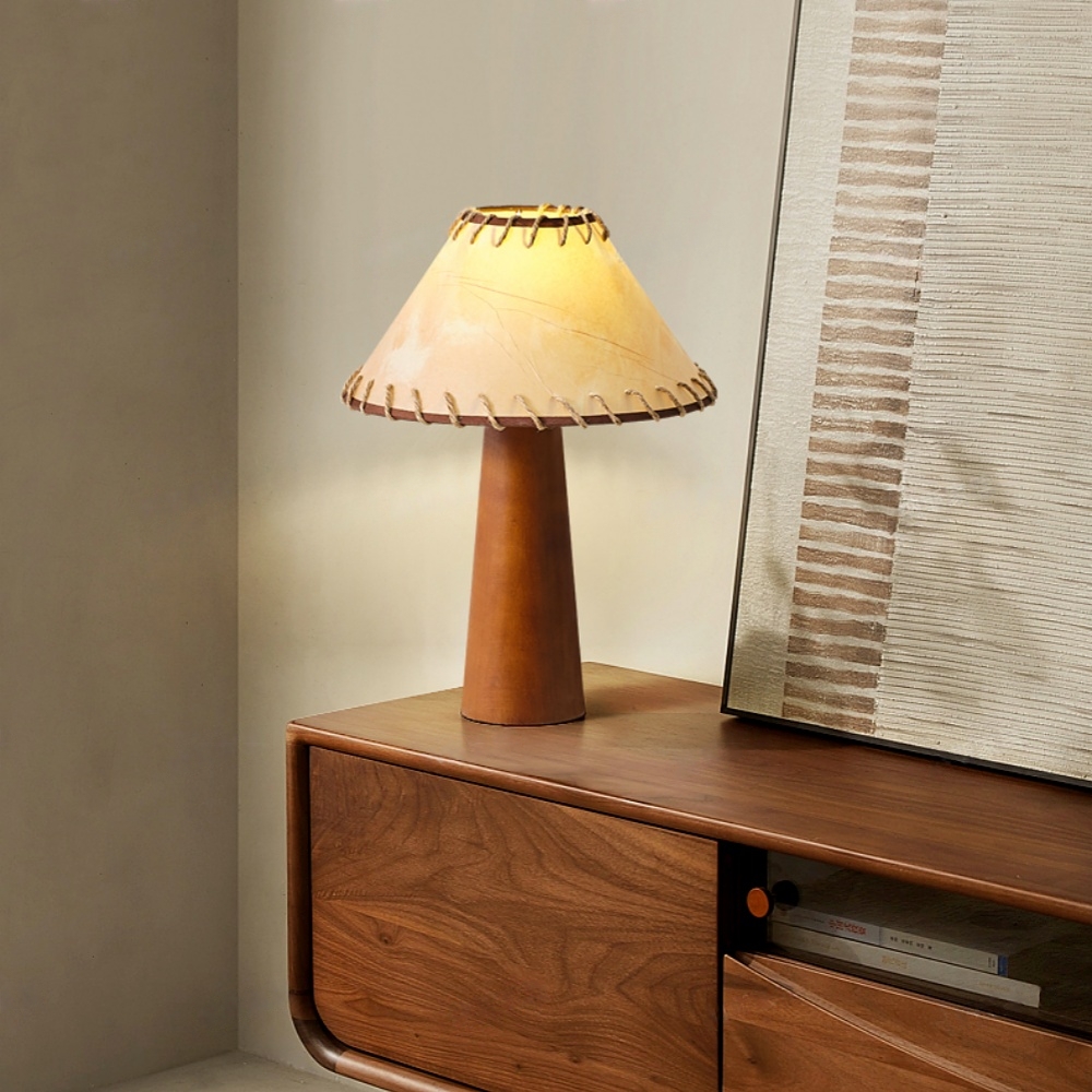 Mid-Century Vintage Dark Solid Wood Parchment Table Lamp