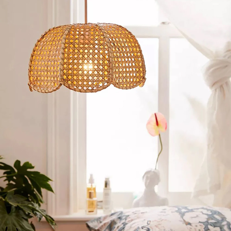 Rattan Scalloped Dome Pendant Lampshade Simplicity Rattan Hanging Chandelier