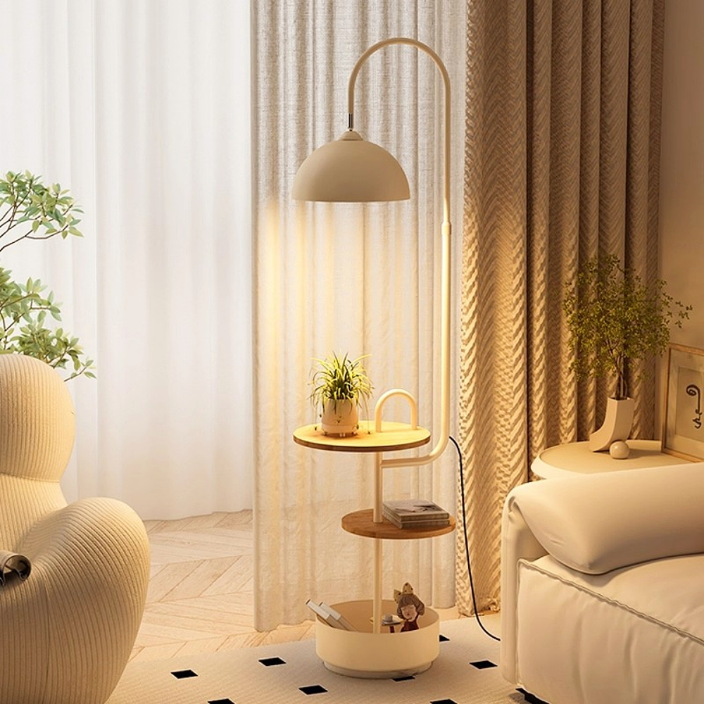 Modern Iron & Marble Floor Lamp with Integrated Storage Rack - Kids Room/Study