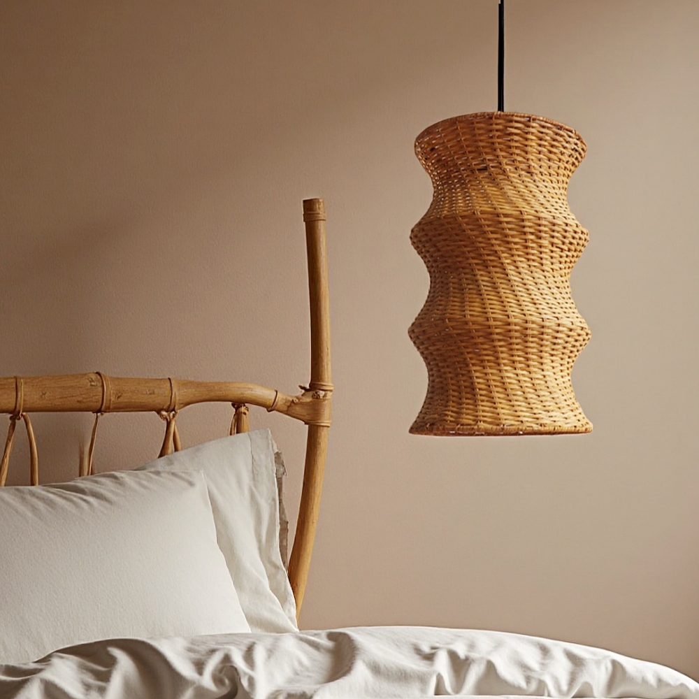 Artisanal Wabi-Sabi Rattan Wavy Column Pendant Light