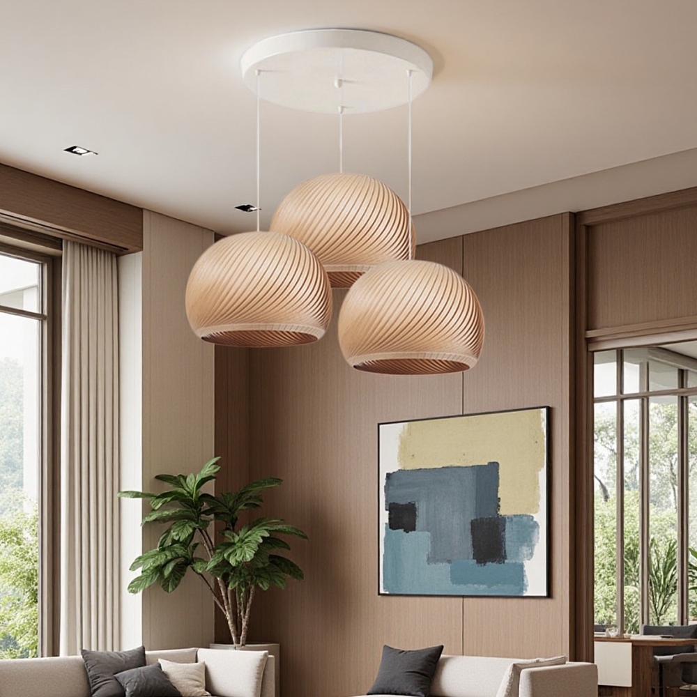 Spiral Wood Veneer Dome Pendant Light