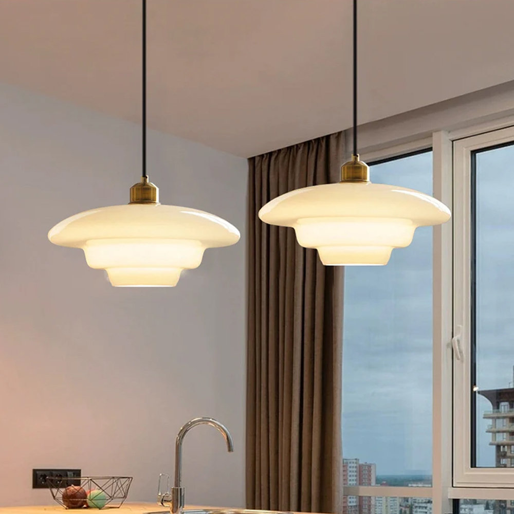 Mid-century Modern Glass Chandelier Multi-Layered Milk White Pendant Light