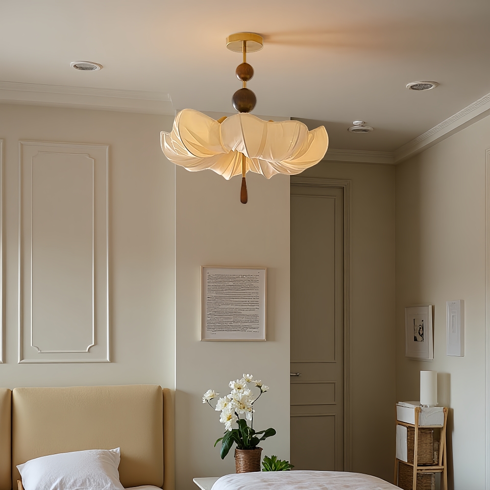 Retro Cream Aesthetic Restaurant Semi-Flush Mount Fabric Flower Ceiling Light