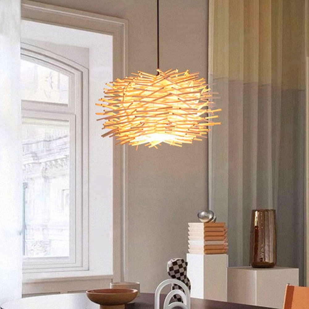 Artisanal Twig Weave Sphere Pendant Rustic Natural Glow