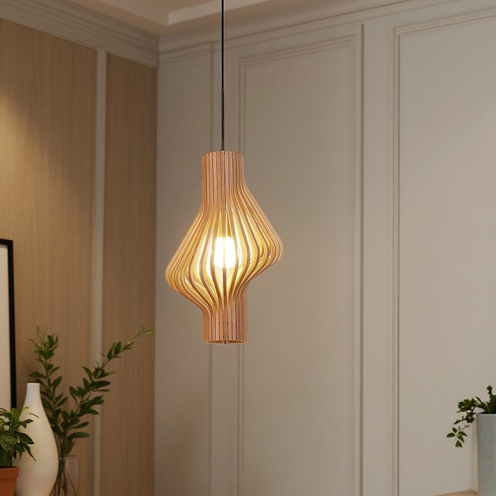 Mid-Century Curved Wood Slat Pendant Lamp