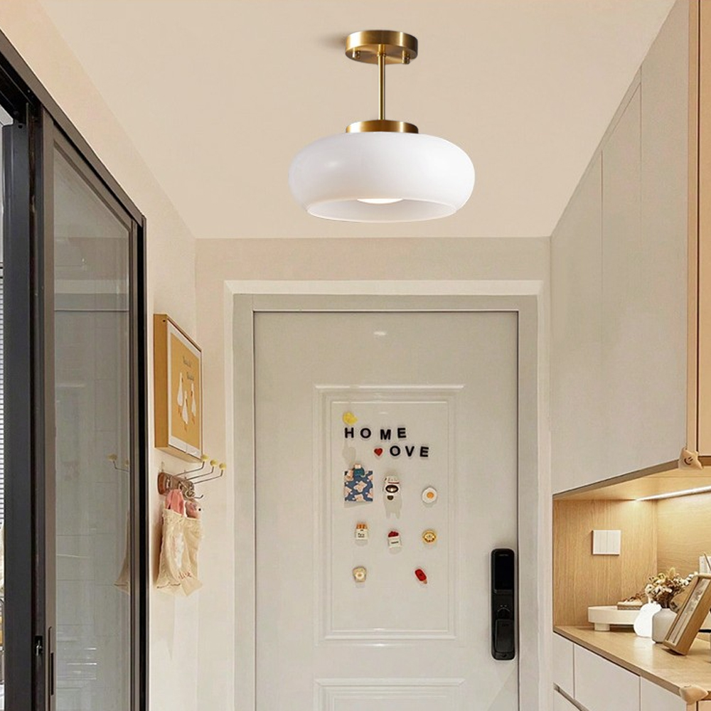 French Retro Hallway Brass Ceiling Light Medieval Restaurant Flush Mount Glass Lamp