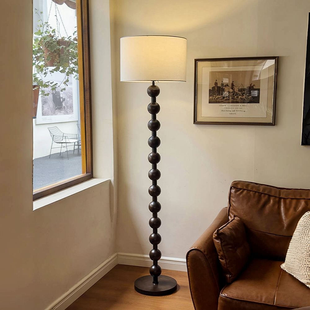 Retro White Wax Wood Fabric Lampshade Bedroom Floor Lamp