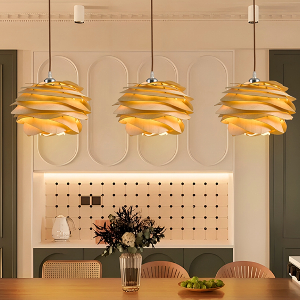 Wabi Sabi Artisanal Retro Rose Shape Solid Wood Pendant Light