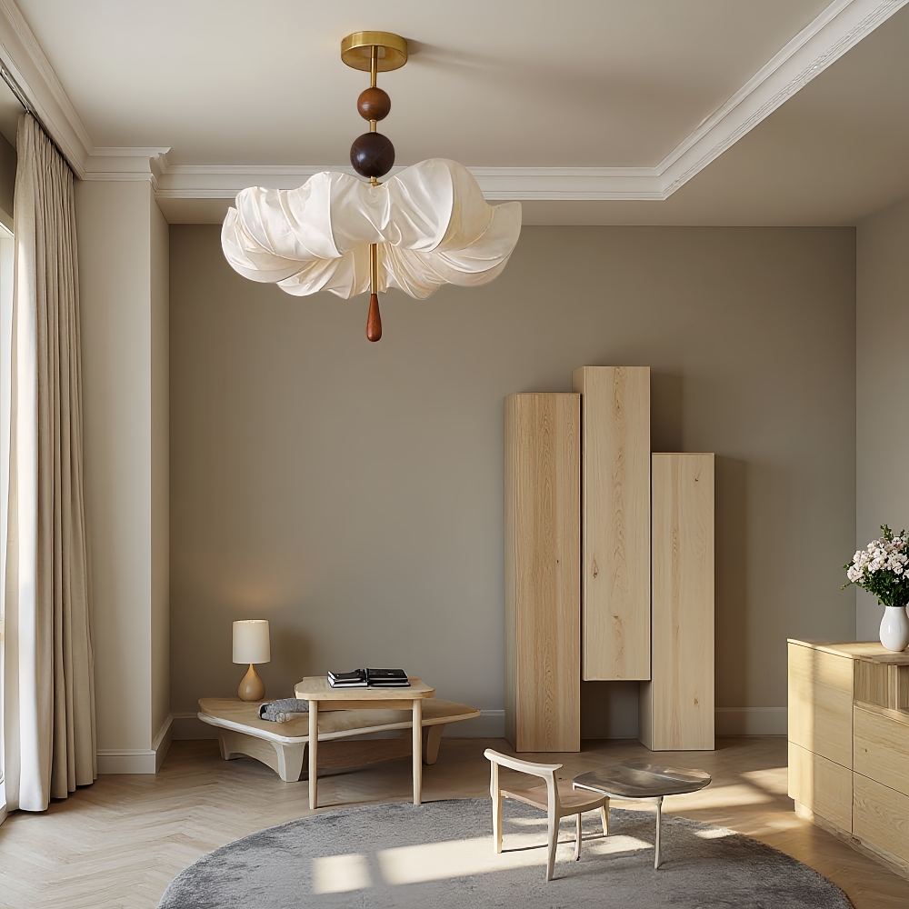 Retro Cream Aesthetic Restaurant Semi-Flush Mount Fabric Flower Ceiling Light