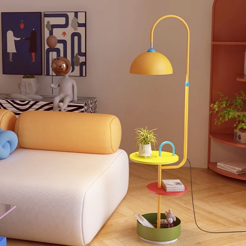 Modern Iron & Marble Floor Lamp with Integrated Storage Rack - Kids Room/Study