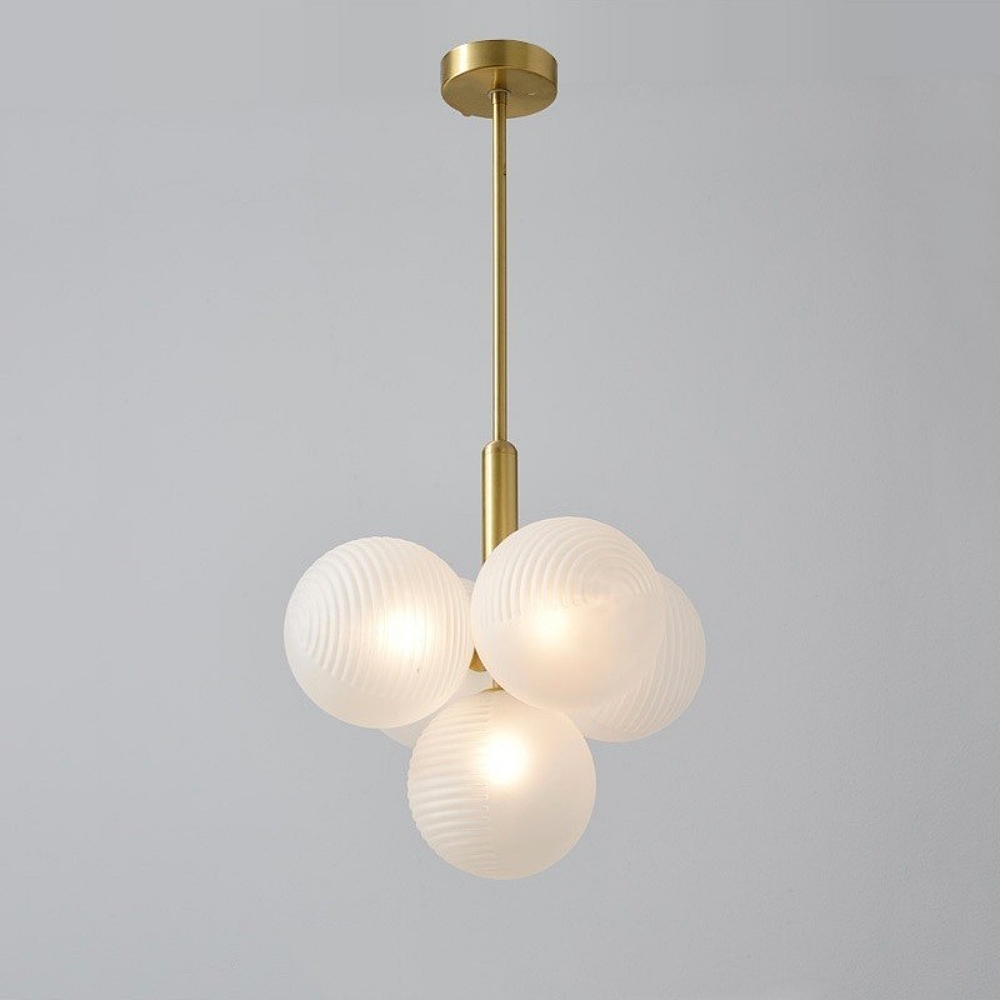 Contemporary Sculptural Ribbed Glass Globe Chandelier Brass Finish